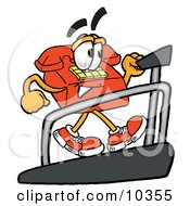 Red Telephone Mascot Cartoon Character Walking On A Treadmill In A Fitness Gym