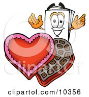Paper Mascot Cartoon Character With An Open Box Of Valentines Day Chocolate Candies