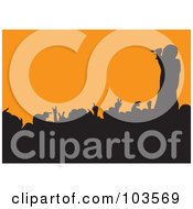 Royalty Free RF Clipart Illustration Of A Male Singer Silhouetted Over A Crowd On Orange by michaeltravers