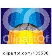 Poster, Art Print Of Royalty-Free Rf Clipart Illustration Of Rain Showering Down On A Black Umbrella With Orange Light On Blue