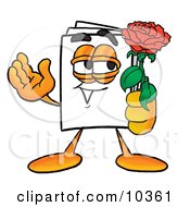 Paper Mascot Cartoon Character Holding A Red Rose On Valentines Day