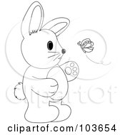 Poster, Art Print Of Coloring Page Outline Of A Rabbit Standing And Watching A Butterfly