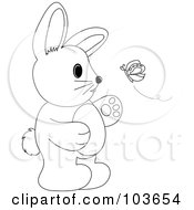 Royalty Free RF Clipart Illustration Of A Coloring Page Outline Of A Rabbit Standing And Watching A Butterfly by Pams Clipart