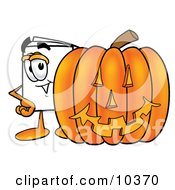 Paper Mascot Cartoon Character With A Carved Halloween Pumpkin