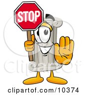 Pillar Mascot Cartoon Character Holding A Stop Sign