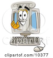 Pillar Mascot Cartoon Character Waving From Inside A Computer Screen