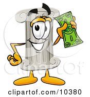 Pillar Mascot Cartoon Character Holding A Dollar Bill
