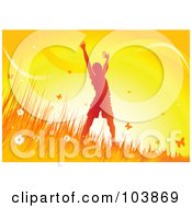 Royalty Free RF Clipart Illustration Of A Happy Silhouetted Boy Holding His Arms Up And Standing In Grass Surrounded By Butterflies At Sunset