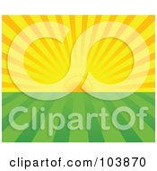 Royalty Free RF Clipart Illustration Of A Background Of An Orange Sun Rising Over Green Flat Farm Land by Pushkin