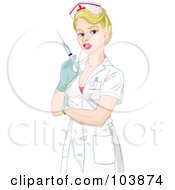 Royalty Free RF Clipart Illustration Of A Beautiful Blond Nurse With Red Lips Holding A Syringe