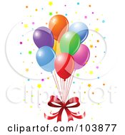 Poster, Art Print Of Red Bow And A Bundle Of Floating Party Balloons With Starry Confetti