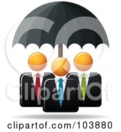 Poster, Art Print Of Black Umbrella Providing Protection For Three Orange Faceless Businessmen