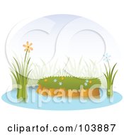 Poster, Art Print Of Orange And Blue Flowers By An Island In A Pond
