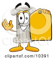 Pillar Mascot Cartoon Character Holding A Yellow Sales Price Tag