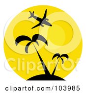 Poster, Art Print Of Silhouetted Plane Over Palm Trees And The Sun In A Yellow Circle