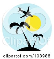 Poster, Art Print Of Silhouetted Plane Over Palm Trees And The Sun In A Blue Circle