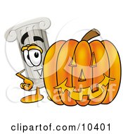 Pillar Mascot Cartoon Character With A Carved Halloween Pumpkin
