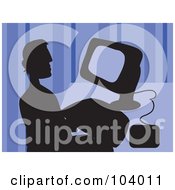 Royalty Free RF Clipart Illustration Of A Silhouetted Man Using A Computer Over Purple