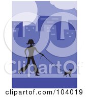 Royalty Free RF Clipart Illustration Of A Silhouetted Woman Walking A Dog In A Purple City