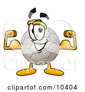 Poster, Art Print Of Soccer Ball Mascot Cartoon Character Flexing His Arm Muscles