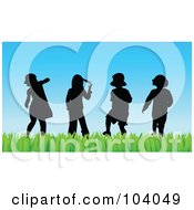 Royalty Free RF Clipart Illustration Of Silhouetted Children Standing In Grass