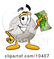 Soccer Ball Mascot Cartoon Character Holding A Dollar Bill