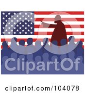 Royalty Free RF Clipart Illustration Of A Silhouetted Man Speaking At A Meeting In Front Of An American Flag by Prawny