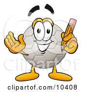 Soccer Ball Mascot Cartoon Character Holding A Pencil