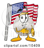 Soccer Ball Mascot Cartoon Character Pledging Allegiance To An American Flag