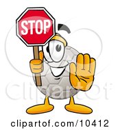Soccer Ball Mascot Cartoon Character Holding A Stop Sign