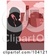 Royalty Free RF Clipart Illustration Of A Silhouetted Guy Talking On A Cell Phone Over Pink