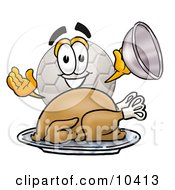 Poster, Art Print Of Soccer Ball Mascot Cartoon Character Serving A Thanksgiving Turkey On A Platter
