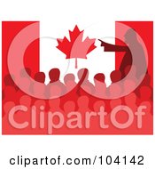 Royalty Free RF Clipart Illustration Of A Silhouetted Man Speaking At A Meeting In Front Of A Canadian Flag