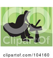 Royalty Free RF Clipart Illustration Of A Silhouetted Man Using A Laptop Over Green