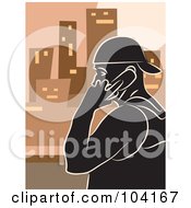 Poster, Art Print Of Silhouetted Guy Talking On A Cell Phone Over Orange