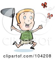 Energetic Blond Boy Chasing Butterflies With A Net