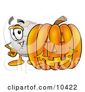 Poster, Art Print Of Soccer Ball Mascot Cartoon Character With A Carved Halloween Pumpkin
