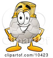 Poster, Art Print Of Soccer Ball Mascot Cartoon Character Wearing A Helmet