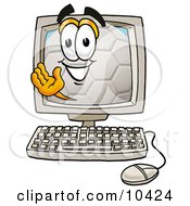 Poster, Art Print Of Soccer Ball Mascot Cartoon Character Waving From Inside A Computer Screen