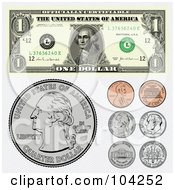 Royalty Free RF Clipart Illustration Of A Digital Collage Of American Coins And A Dollar Bill by BestVector