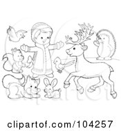 Poster, Art Print Of Coloring Page Outline Of A Girl Playing Outside With Animals