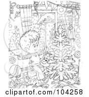 Royalty Free RF Clipart Illustration Of A Coloring Page Outline Of A Boy And Cat Indoors By A Christmas Tree