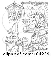 Royalty Free RF Clipart Illustration Of A Coloring Page Outline Of Santa Peeking In A Window At A Christmas Tree