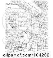Royalty Free RF Clipart Illustration Of A Coloring Page Outline Of A Puppy In The Snow Looking At A Boy Through A Window