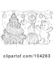 Royalty Free RF Clipart Illustration Of A Coloring Page Outline Of A Bear And Birds By A Christmas Tree