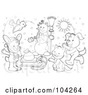 Poster, Art Print Of Coloring Page Outline Of A Winter Snowman And Animals By A Sled