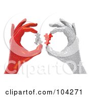 Royalty Free RF Clipart Illustration Of 3d White And Red Puzzle Hands Holding Puzzle Pieces And Working Together To Solve A Problem by Tonis Pan #COLLC104271-0042