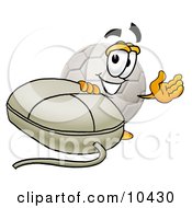 Clipart Picture Of A Soccer Ball Mascot Cartoon Character With A Computer Mouse by Mascot Junction
