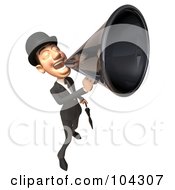 Royalty Free RF Clipart Illustration Of A 3d English Businessman With An Umbrella Announcing With A Megaphone 2 by Julos