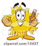 Clipart Picture Of A Sun Mascot Cartoon Character Holding A Pencil by Toons4Biz